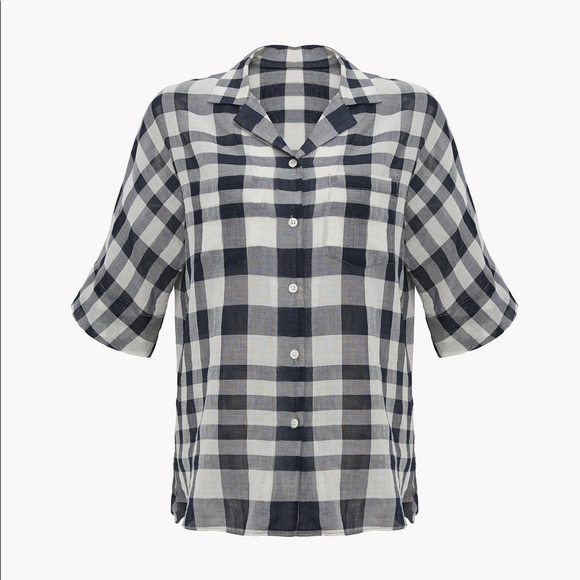 NWOT Theory cotton plaid camp shirt, navy plaid size L - Picture 1 of 8